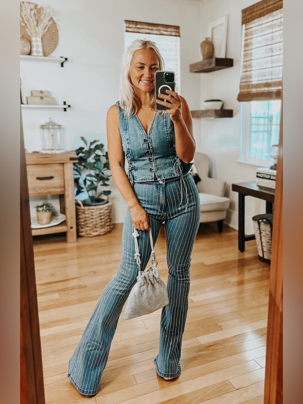 NWT Rhinestone Jeweled High-Rise Blue Jean Boot Cut Flare Pants